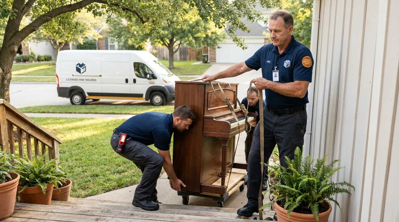 Licensed piano movers securing grand piano in Viroqua, WI