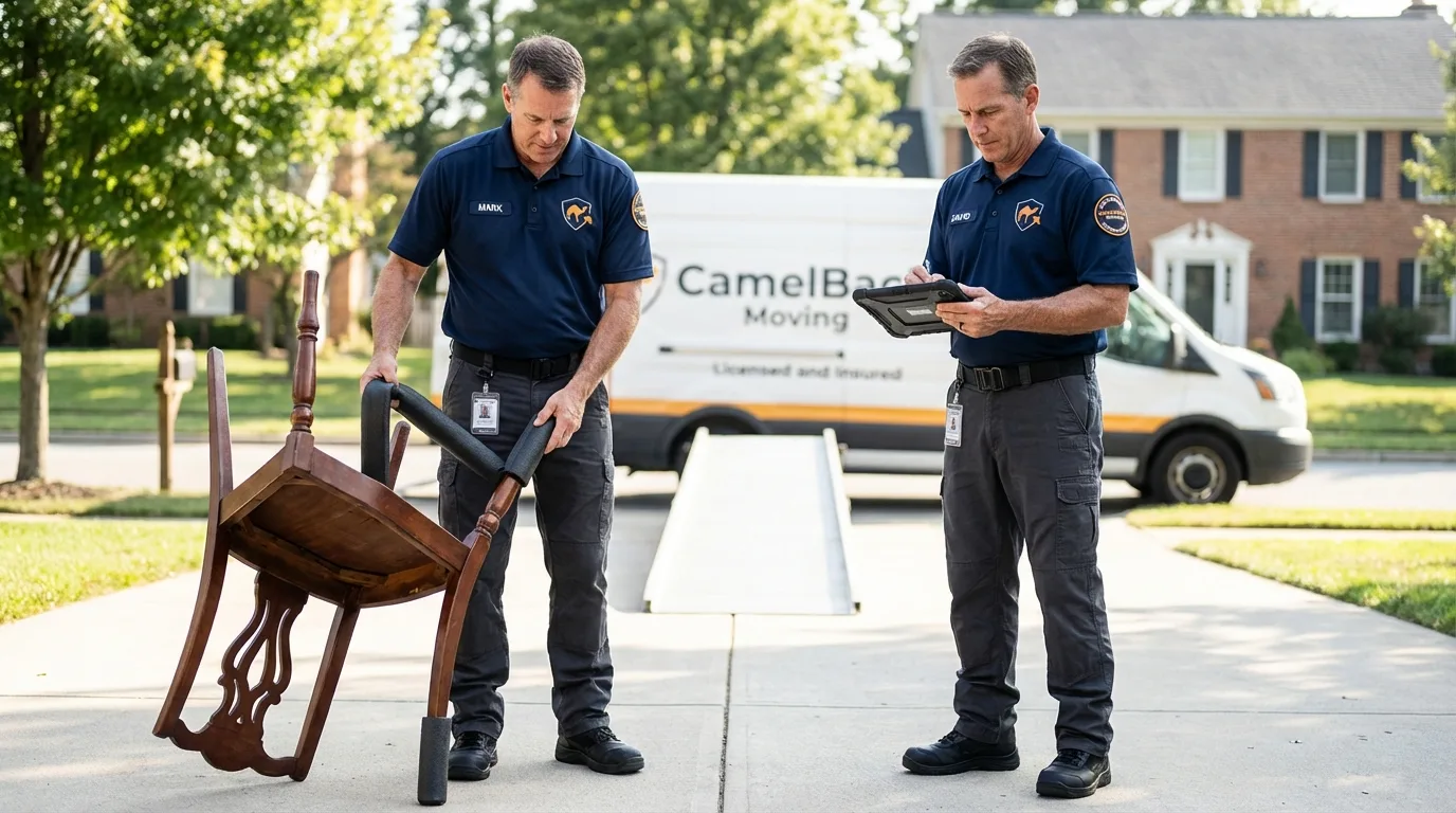 Movers inspecting furniture for damage prevention before loading in Viroqua, WI
