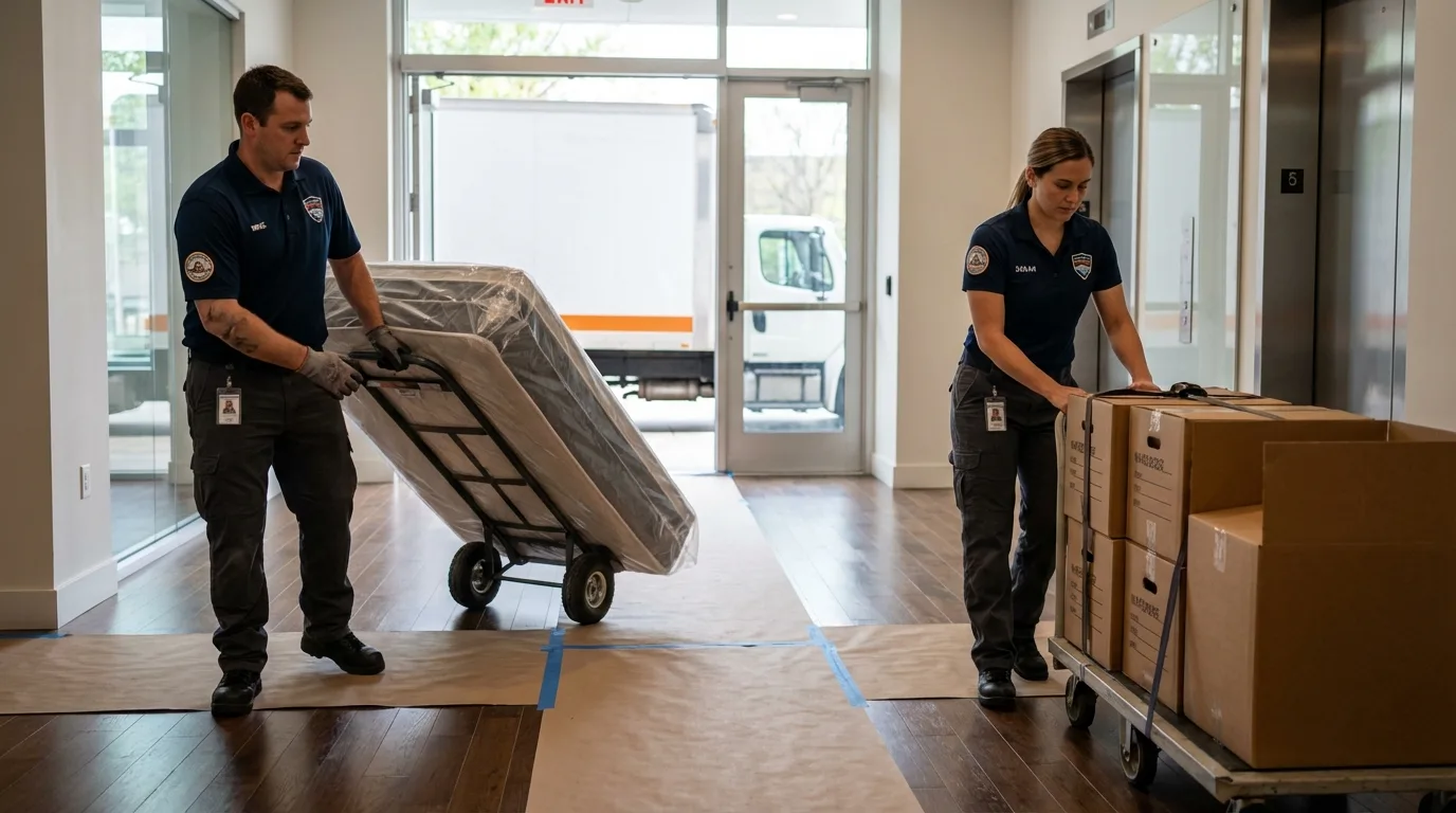 Professional apartment movers loading elevator in Viroqua, WI