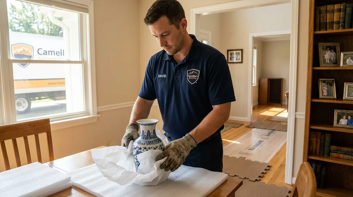Professional crew carefully wrapping antique vase for senior downsizing move in Viroqua, WI